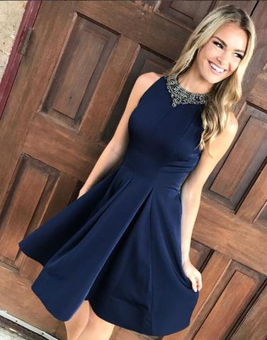 Dark Blue sequin Round Neck pleated Short Homecoming Dresses