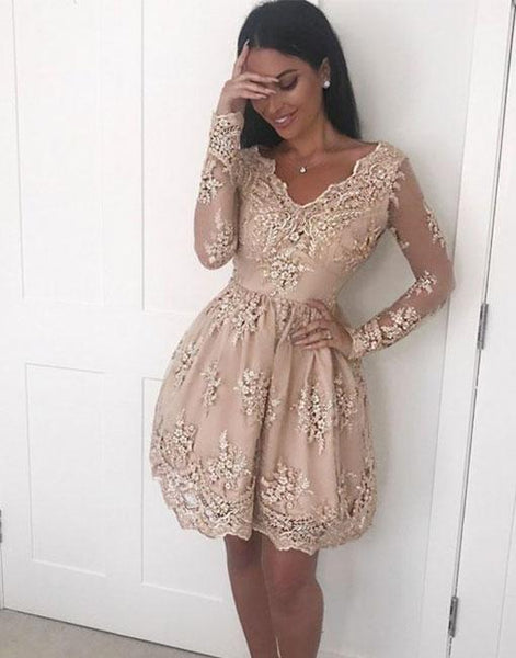 Champagne V-neck Lace Long Sleeve Homecoming Dresses