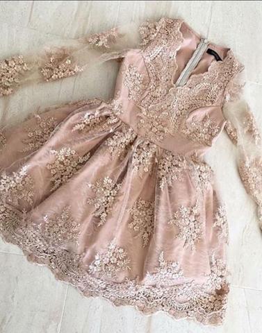 Champagne V-neck Lace Long Sleeve Homecoming Dresses