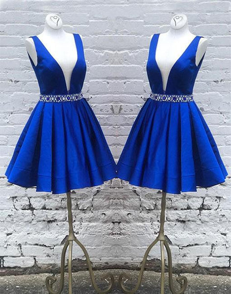 Blue Beading straps Deep V-neck pleated Short Homecoming Dresses