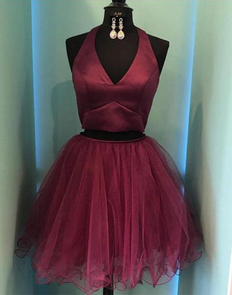 Burgundy V-neck Two Piece Tulle Homecoming Dresses