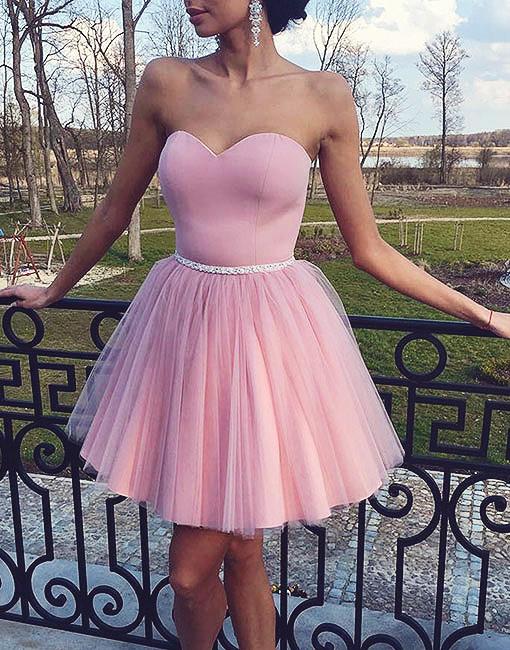 Pearl Pink cute Strapless Tulle Beading Homecoming Dresses