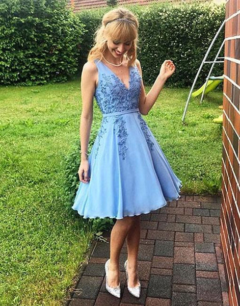 Sky Blue V-neck Lace Applique Prom Homecoming Dresses – Hoprom