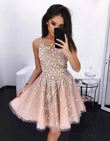 Champagne Sequin Round Neck Tulle Beading Homecoming Dresses