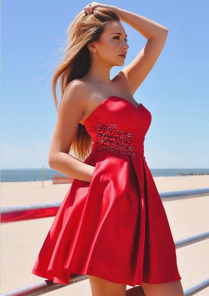 Red Strapless Pleated Stain Homecoming Dresses With Beading Pocket