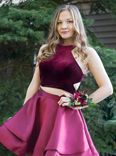 Tiered Burgundy Two Piece Stain Short Homecoming Dresses