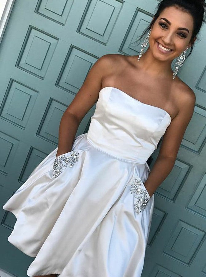 White Strapless Stain Pleated Short Homecoming Dresses With Beading Pocket
