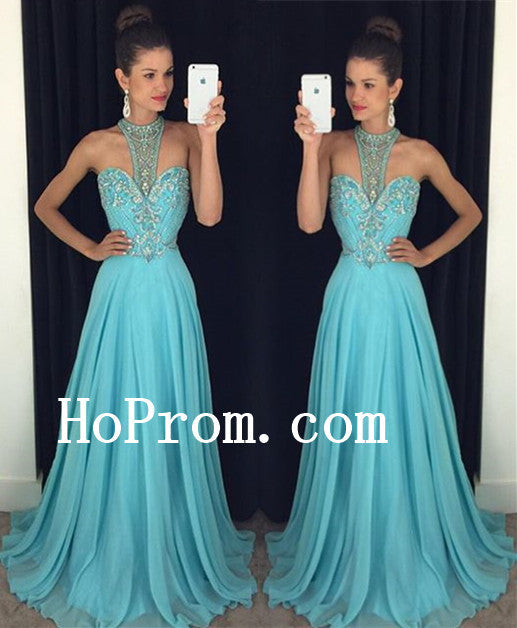 Blue Halter Prom Dresses,A-Line Prom Dress,Evening Dress