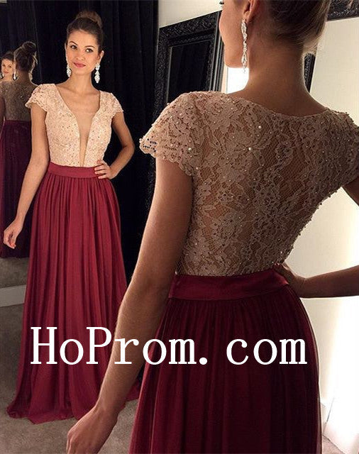Lace Chiffon Prom Dresses,Burgundy Prom Dress,Evening Dress