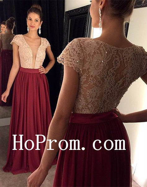Lace Chiffon Prom Dresses,Burgundy Prom Dress,Evening Dress