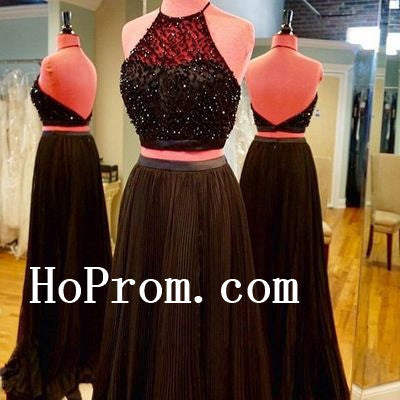 Halter Two Piece Prom Dresses,Black Prom Dress,Evening Dress