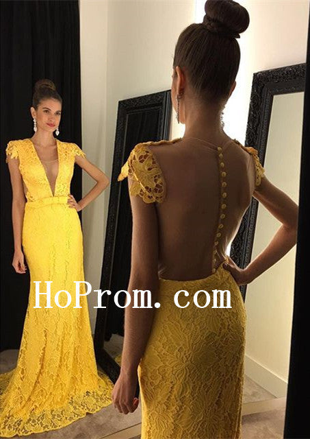 Floor Length Prom Dresses,Yellow Lace Prom Dress,Evening Dress