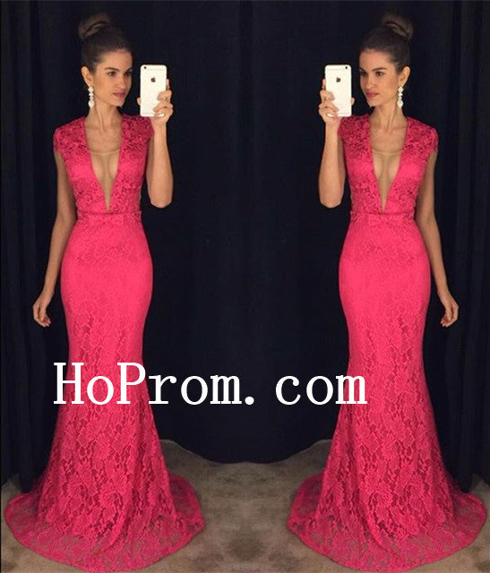 Floor Length Prom Dresses,Hot Pink Lace Prom Dress,Evening Dress
