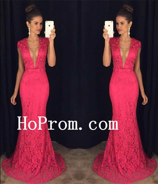 Floor Length Prom Dresses,Hot Pink Lace Prom Dress,Evening Dress