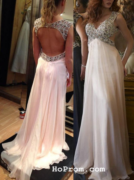 A Line Backless Prom Dress Beads Prom Dresses Chiffon  Backless Evening Dresses