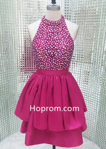 Hot Pink Short Sparkly High Neck Homecoming Dress with Open Back