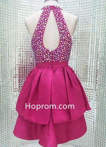 Hot Pink Short Sparkly High Neck Homecoming Dress with Open Back