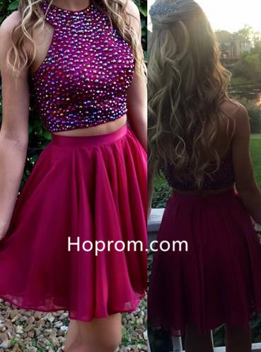 Hot Pink Short Sparkly High Neck Homecoming Dress with Open Back