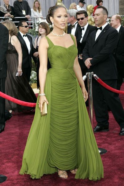 Green Jennifer Lopez (J.Lo) Open Back Dress Ruched Prom Celebrity Red Carpet Dress Oscars