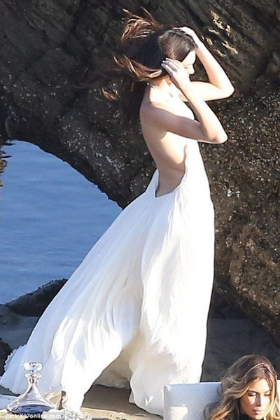 White Kendall Jenner Halter Dress Backless Prom Celebrity Formal Dress Family Beach