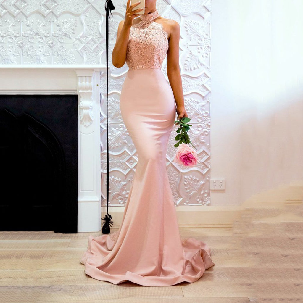 Halter Neck Blush Mermaid Prom Dresses Bodycon Maxi Evening Dresses