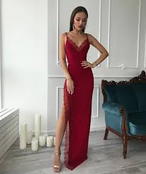 Spaghetti Straps Burgundy Slit Leg long Sheath Evening Dresses Prom