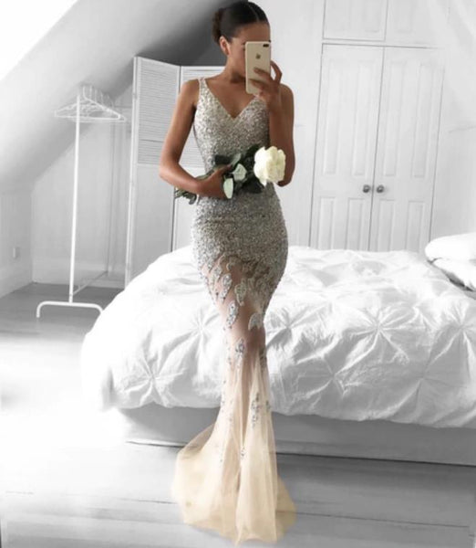 Spaghetti Straps V Neckline Sequin Glitter Prom Dresses Mermaid Prom Dresses