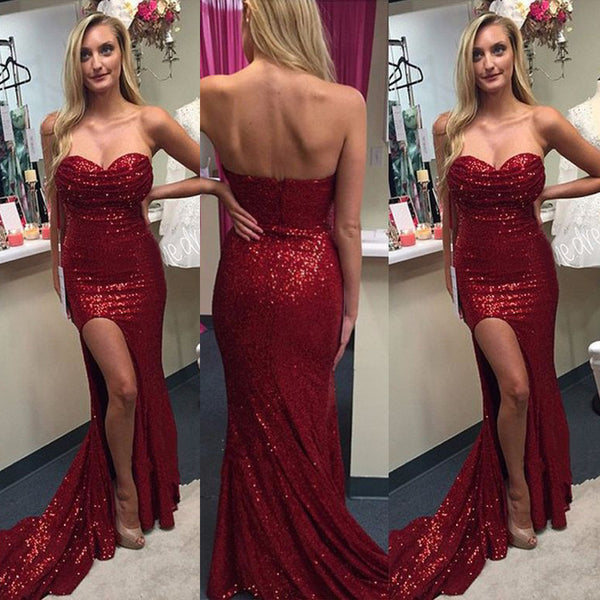 Red Sequin High Slit Prom Dresses With Ruffles Sheath Evening Dresses ...