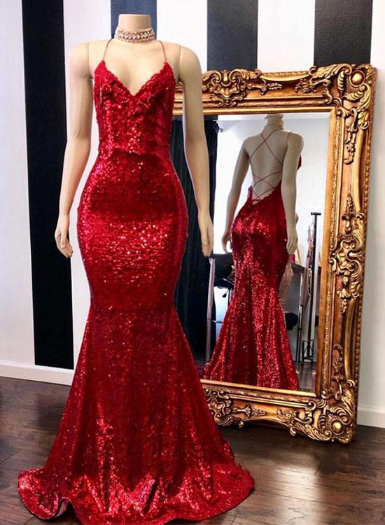 Spaghetti Straps Red Backless Mermaid Glitter Prom Dresses Elegant