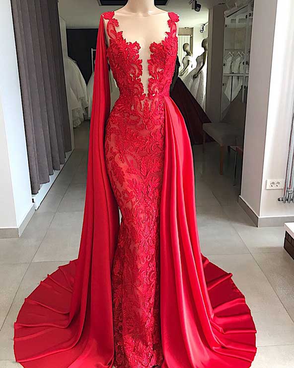 Mermaid Prom Dresses Red Lace Sheer Neck Beads Elegant Evening Dresses
