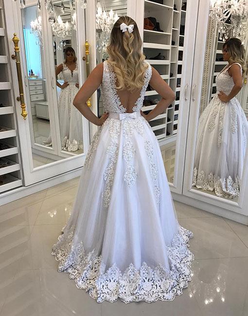 Lace Knot White Prom Dresses Cheap Backless V Neckline Evening Dresses For Wedding