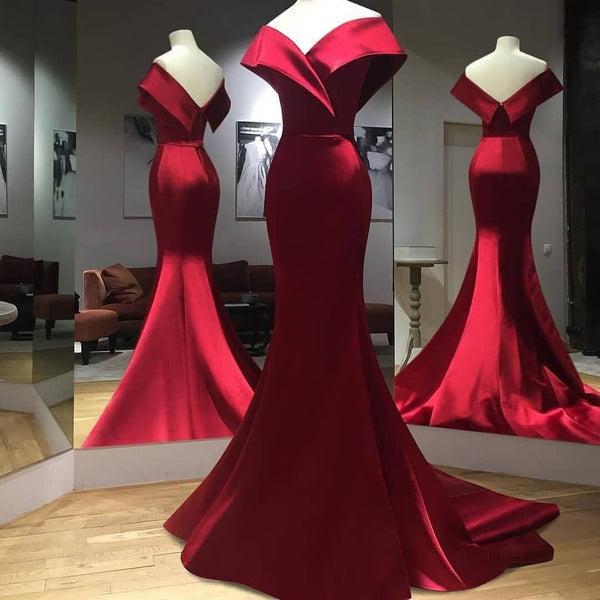 Stain Red Mermaid Long Sheath Simple Dress Elegant Prom Dresses