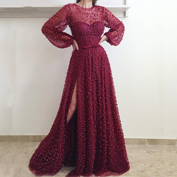 Burgundy Long Sleeves Tulle Side Slit Prom Dresses Sequin Evening Dresses Prom