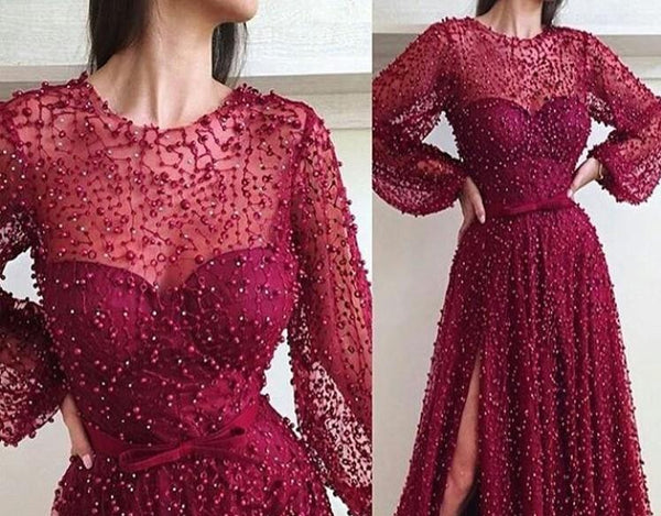 Burgundy Long Sleeves Tulle Side Slit Prom Dresses Sequin Evening Dresses Prom