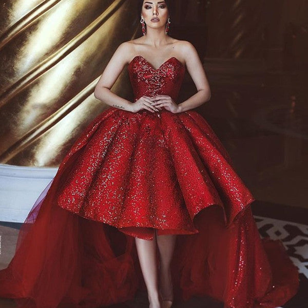 Red Evening Dresses Sweetheart Neck Off The Shoulder Sequin Glitter Prom Dresses