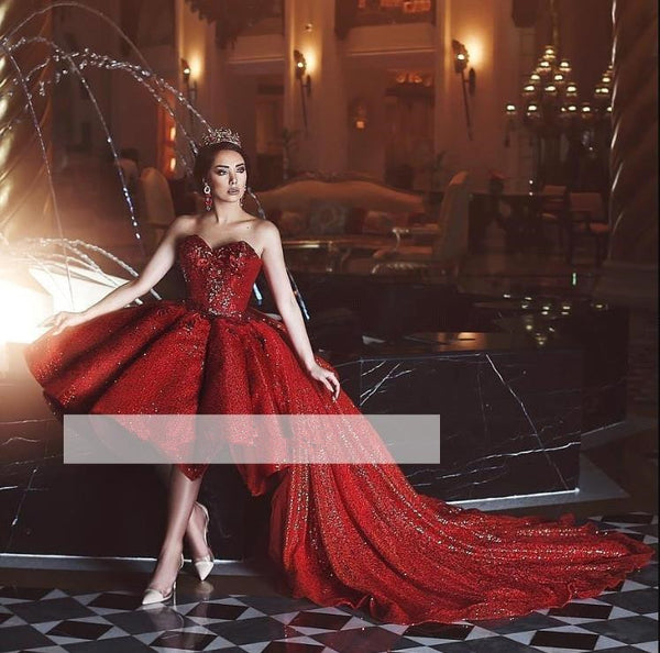 Red Evening Dresses Sweetheart Neck Off The Shoulder Sequin Glitter Prom Dresses