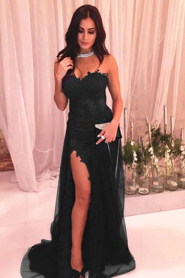 Black Side Slit Strapless Simple Prom Dresses Sweetheart Neck A line Evening Dress