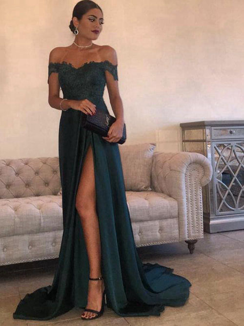 Elegant Off the Shoulder Best Prom Dresses Dark Green Side Slit Evenin – Hoprom Elegant Off the Shoulder Best Prom Dresses Dark Green Side Slit Evenin – Hoprom