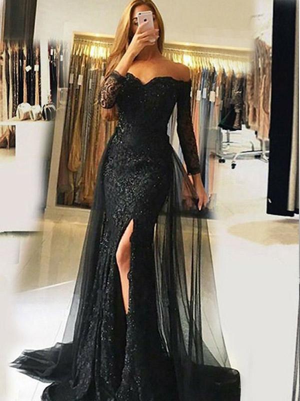 Black Off the Shoulder long sleeves Illusion Prom Dresses Side Slit Ev Hoprom Black Off the Shoulder long sleeves Illusion Prom Dresses Side Slit Ev Hoprom