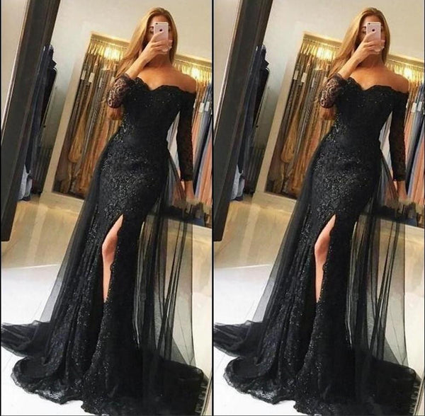 Black Off the Shoulder long sleeves Illusion Prom Dresses Side Slit Evening Dresses