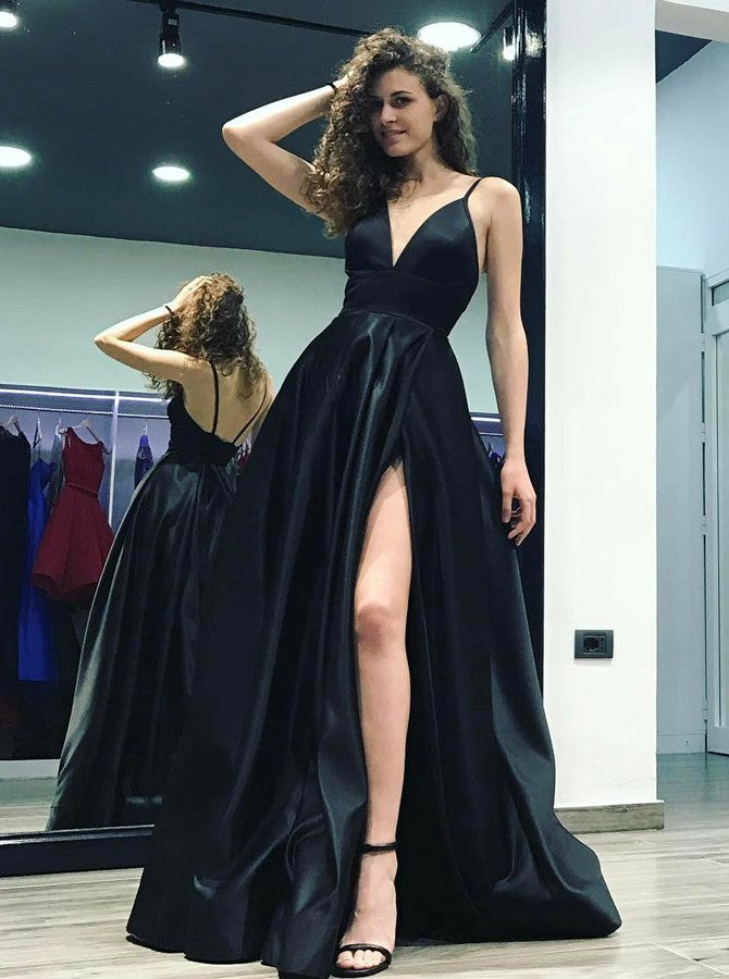 Spaghetti Straps Deep V Neck Black A Line Prom Dresses Stain Evening D Hoprom Spaghetti Straps Deep V Neck Black A Line Prom Dresses Stain Evening D Hoprom