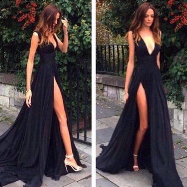 High Slit Black Deep V Neck Spaghetti Straps Prom Dresses 2020 Long Evening Dresses