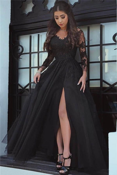 Affordable Black Prom Dresses Lace High Slit Long Sleeves Evening Dresses Prom