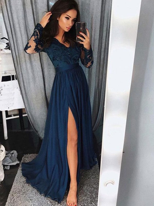 Blue Lace Prom Dresses With long Sleeves High Split Lace Evening Dresses Prom