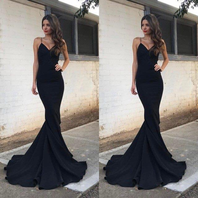 black backless prom dress Black Straps Spaghetti Mermaid Backless Prom Dresses Long Party Gowns – Hoprom