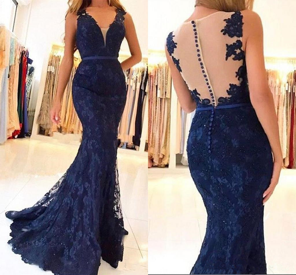 Mermaid Dark Navy Blue Prom Dresses V-Neck Modest Long Sheath Evening Dresses