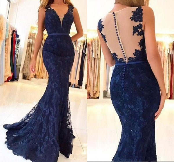 Mermaid Dark Navy Blue Prom Dresses V-Neck Modest Long Sheath Evening Dresses
