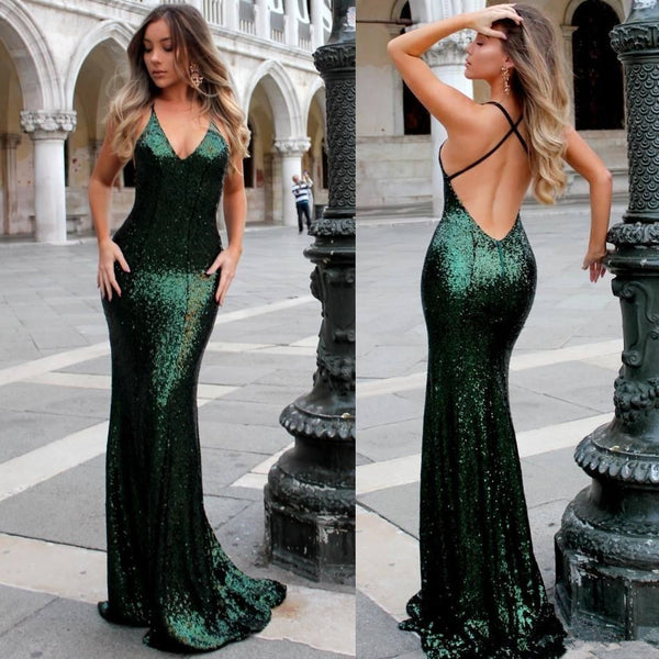 Deep V-Neck Green Sequins Prom Dresses Open Back Theath Evening Dresses Prom