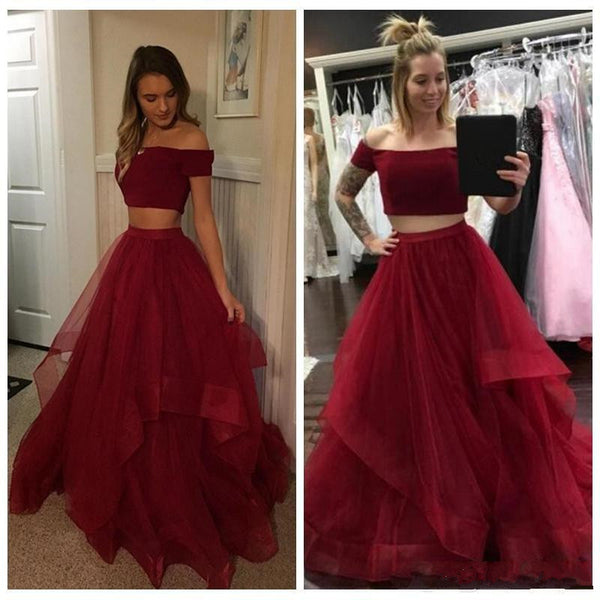 Burgundy Two Piece Long Prom Dresses Tulle Evening Dresses For Women ...