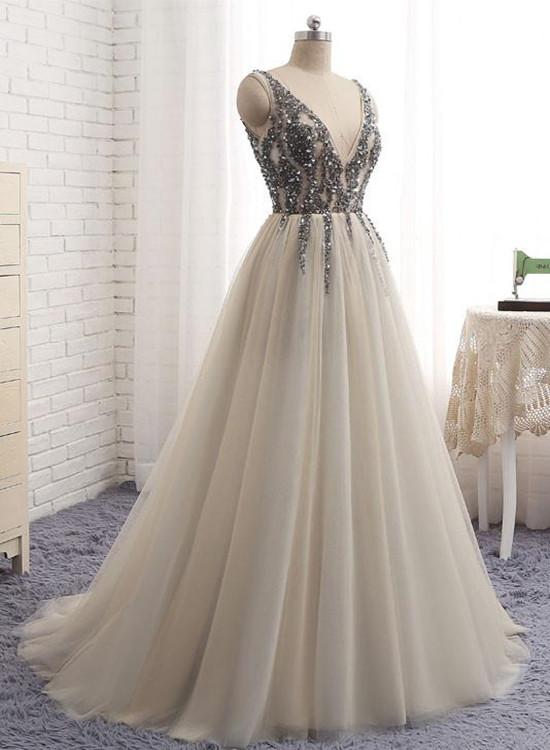 Deep V Neckline Appliques Tulle Long prom dresses Evening Dresses for Women